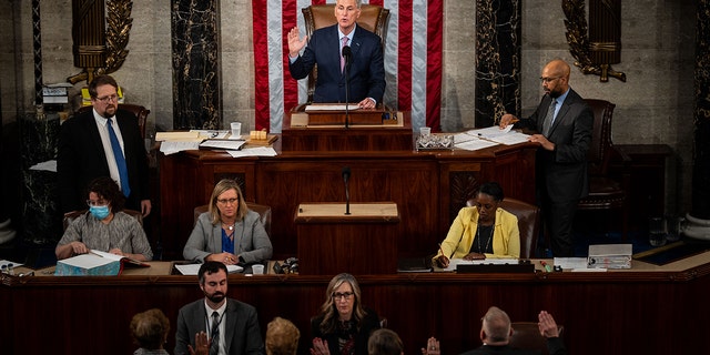 Speaker of the House Kevin McCarthy, R-Calif., swears in the officers of the House of Representatives in the House Chamber of the U.S. Capitol Building on Saturday, Jan. 7, 2023 in Washington, DC.