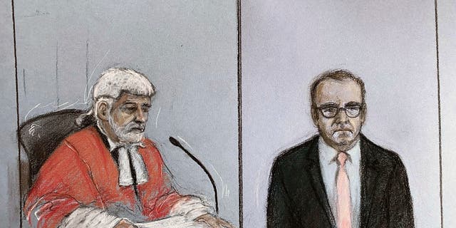 This court artist sketch by Elizabeth Cook shows actor Kevin Spacey, right, appearing via video-link at Southwark Crown Court in London, Friday, Jan. 13, 2023.