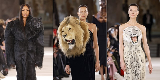 Models Naomi Campbell, Irina Shayk and Shalom Harlow modeled Schiaparelli looks, including a wolf, lion, and snow leopard, respectively.