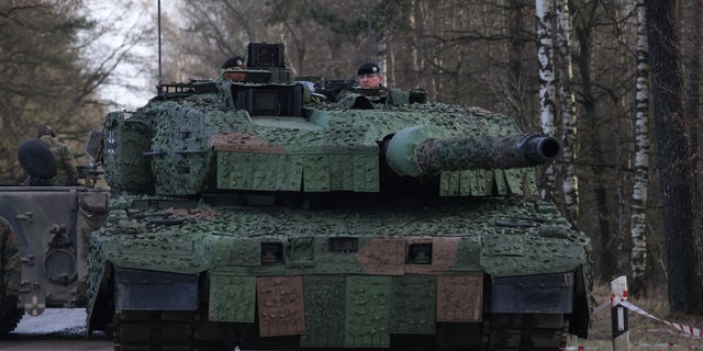 A new Leopard 2 A7V heavy battle tank from Bundeswehr's 9th Panzer Training Brigade stands during a visit by Defense Minister Christine Lambrecht to the Bundeswehr Army training grounds on February 07, 2022, in Munster, Germany.