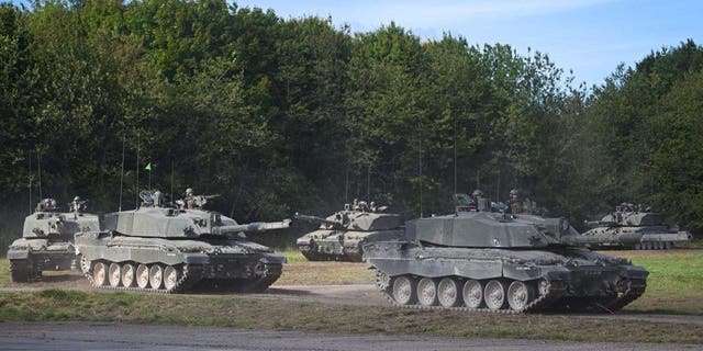 Challenger 2 main battle tanks are displayed on Sept. 24, 2022 in Bulford, England. 
