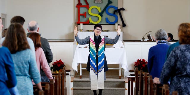 Rev. Cynthia Good, pastor at Calvary United Methodist Church in Arlington, Massachusetts, speaks to her church during Sunday services on Jan. 5, 2020.