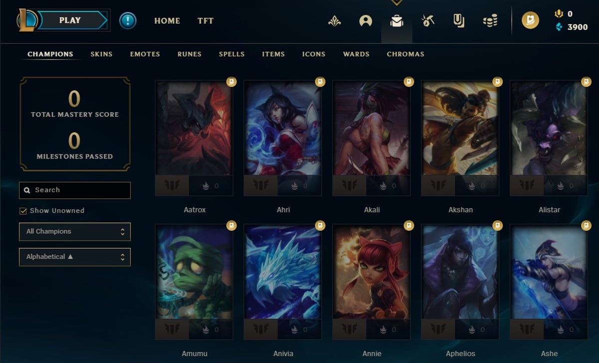 Champions menu in League of Legends