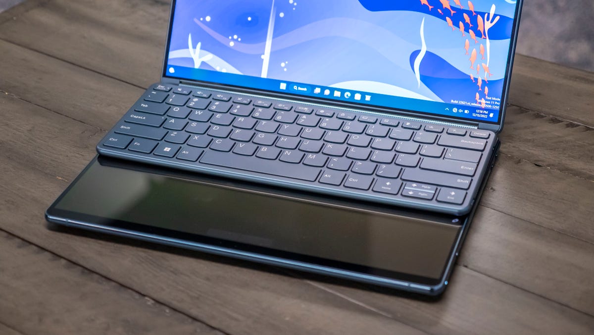 The bottom display of the dual-screen Lenovo Yoga Book 9i can be used with the included Bluetooth keyboard on top.