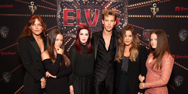 Riley Keough, Harper Vivienne Ann Lockwood, Priscilla Presley, Austin Butler, Lisa Marie Presley and Finley Aaron Love Lockwood at the "Elvis" premiere in Memphis.