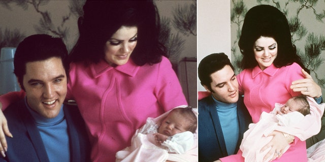 Rock and roll singer Elvis Presley with his wife Priscilla Beaulieu Presley and their 4-day-old daughter Lisa Marie Presley on February 5, 1968 in Memphis, Tennessee. 