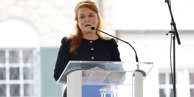 Sarah Ferguson, Duchess of York, speaks at the public memorial for Lisa Marie Presley on Jan. 22, 2023, in Memphis, Tennessee. Presley, 54, the only child of American singer Elvis Presley, died Jan. 12, 2023, in Los Angeles.