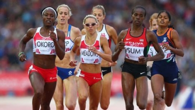 Okoro, Jenny Meadows of England and Eunice Jepkoech Sum of Kenya compete in the Women's 800m semifinal at Hampden Park during day eight of the Glasgow 2014 Commonwealth Games on July 31, 2014 in Glasgow.