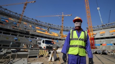 A worker is seen inside the Lusail Stadium during a stadium tour on December 20, 2019, in Doha, Qatar.