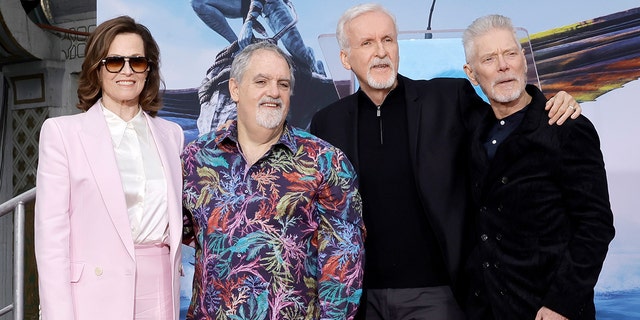 From left to right, Sigourney Weaver, Jon Landau, James Cameron and Stephen Lang attend the Hand and Footprint Ceremony in Hollywood, California.
