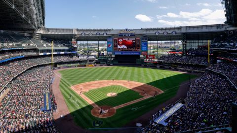 A view of a Major League Baseball game at American Family Field in Milwaukee between the Milwaukee Brewers and Washington Nationals on August 22, 2021.