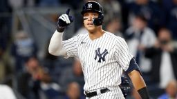 NEW YORK, NEW YORK - APRIL 22:  Aaron Judge #99 of the New York Yankees celebrates his solo home run  in the fifth inning against the Cleveland Guardians at Yankee Stadium on April 22, 2022 in the Bronx borough of New York City. (Photo by Elsa/Getty Images)