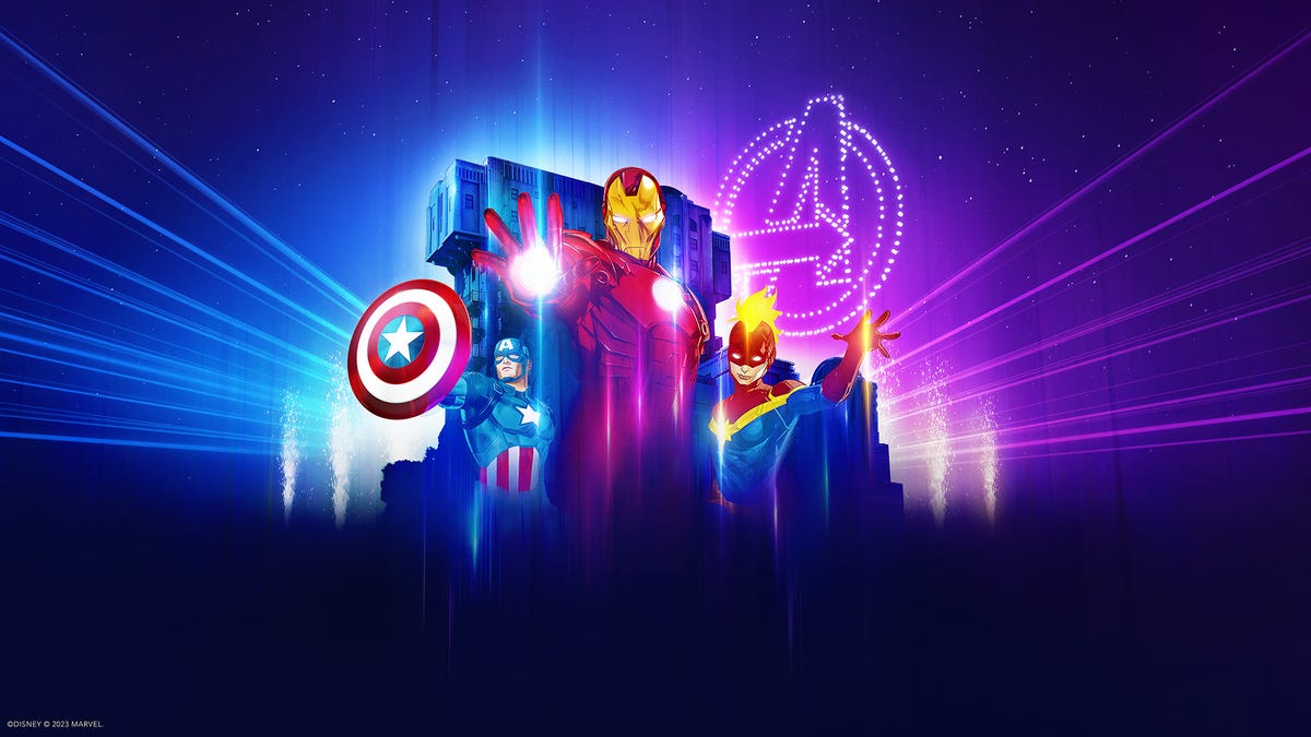 Captain America, Iron Man and Captain Marvel are projected onto the Tower of Terror in Walt Disney Studios Park in this promo image