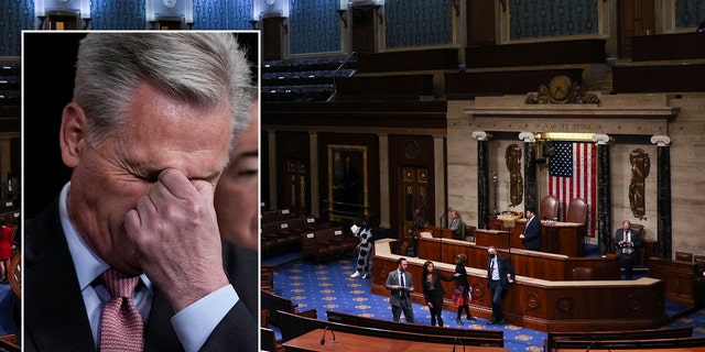 A split photo of Rep. Kevin McCarthy and the House of Representatives chamber. 