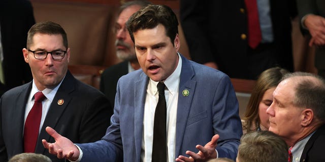 Rep.-elect Matt Gaetz, R-Fla., talks to fellow members-elect during the second day of elections for speaker of the House at the U.S. Capitol on Jan. 4, 2023, in Washington, D.C.