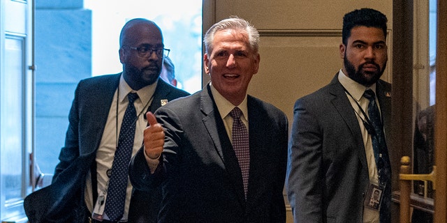 Rep. Kevin McCarthy, R-Calif. gives a thumbs up during his epic battle for House speaker. 