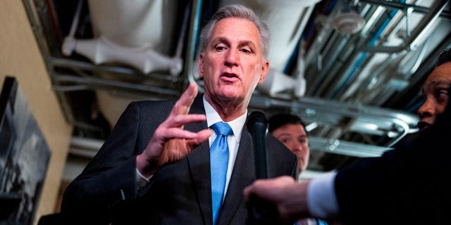 Speaker of the House Kevin McCarthy, R-Calif., addresses the media outside a House Republican Steering Committee meeting in the U.S. Capitol on Wednesday, Jan. 11, 2023 about classified documents found at an office once used by President Biden.
