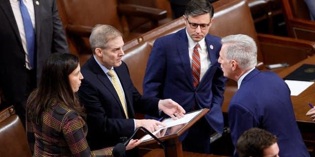 (L-R) U.S. Rep. Elise Stefanik (D-NY), Rep. Jim Jordan (R-OH), Rep. Mike Johnson (R-LA) and House Minority Leader Kevin McCarthy (R-CA) talk as the House of Representatives holds their vote for Speaker of the House on the first day of the 118th Congress in the House Chamber of the U.S. Capitol Building on January 03, 2023, in Washington, D.C. 