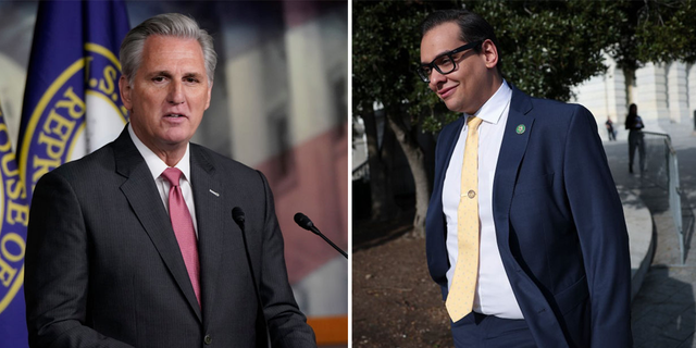 House Speaker Kevin McCarthy, left, and Rep. George Santos.