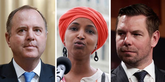 From left to right, Rep. Adam Schiff, D-Calif., Rep. Ilhan Omar, D-Minn., and Rep. Eric Swalwell, D-Calif., have been stripped of their committee assignments. 