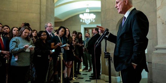 Speaker of the House Kevin McCarthy (R-CA) speaks during a news conference outside his office at the U.S. Capitol on Jan. 24, 2023 in Washington, D.C. McCarthy spoke on a range of issues, including committee assignments and Rep. George Santos, R-N.Y.