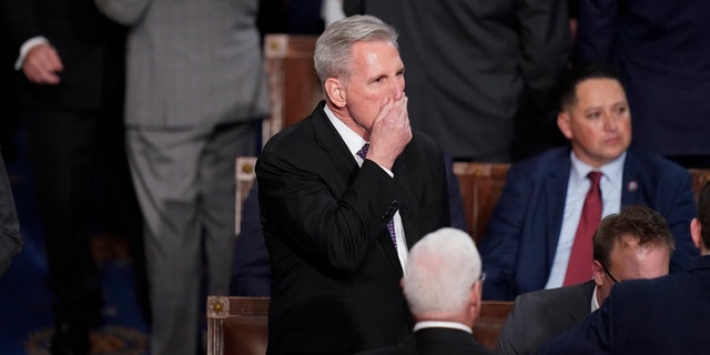 Rep. Kevin McCarthy, R-Calif., arrives to the House chamber at the beginning of an evening session after six failed votes to elect a speaker and convene the 118th Congress in Washington, D.C., on Wednesday.