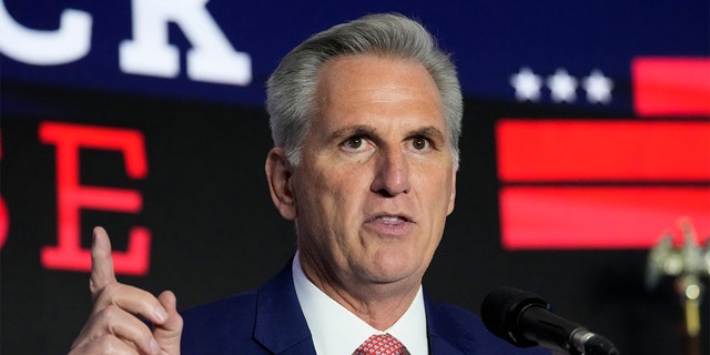 House Minority Leader Kevin McCarthy speaks at an election event, Nov. 9, 2022, in Washington, D.C.