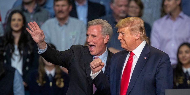 FILE - House Minority Leader Kevin McCarthy and U.S. President Donald Trump attend a legislation signing rally with local farmers on February 19, 2020, in Bakersfield, California.