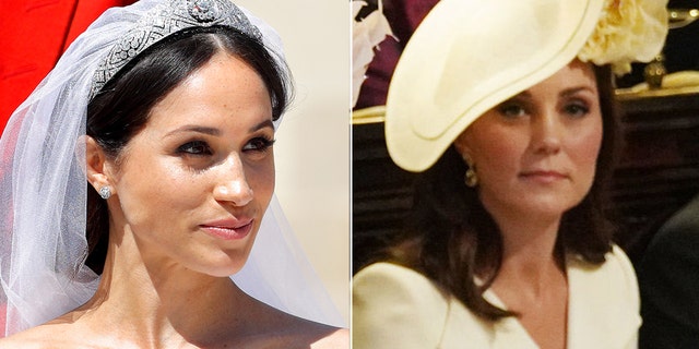 Prince Harry opened up about the fallout that occurred between Meghan Markle, left, and Kate Middleton leading up to his wedding day in "Spare."