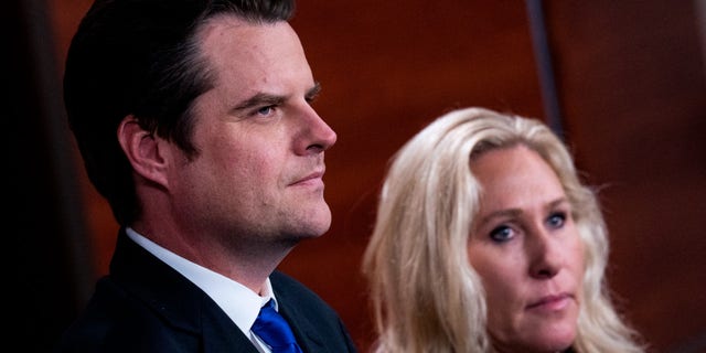 Reps. Marjorie Taylor Greene, R-Ga., and Matt Gaetz, R-Fla., conduct a news conference in the Capitol Visitor Center on a resolution requesting information from the Biden administration on Ukraine funding, on Thursday, November 17, 2022. (Tom Williams/CQ-Roll Call, Inc via Getty Images) 