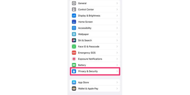 Scroll down and select <strong>Privacy &amp; Security.</strong>