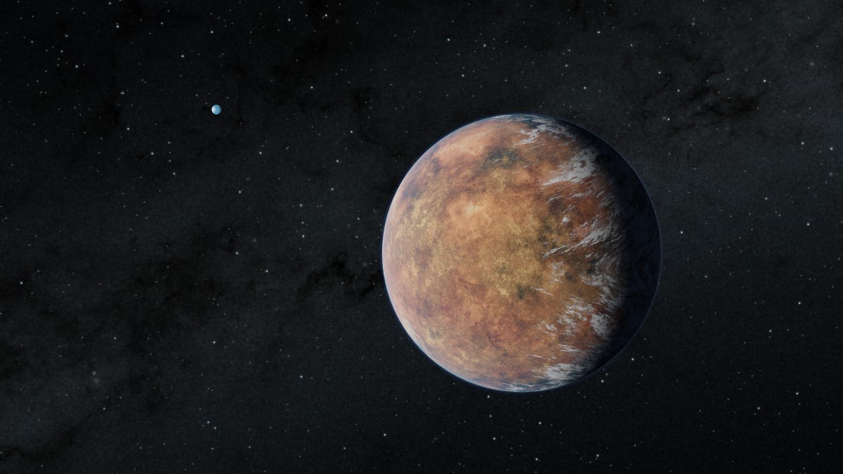 Illustration of a brown, rocky planet in space with another bluer planet in the distance.