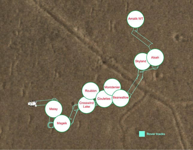 Top-down view of Mars with ten sample depot sites labeled. The sites are arranged in a zig-zag pattern.