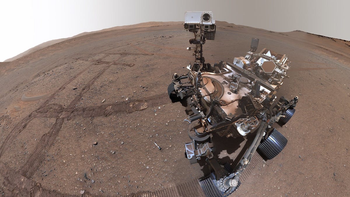 Perseverance rover selfie from early 2023 shows the full body of the rover with its wheels visible on a pebbly brown Mars landscape with wheel tracks on the ground and a small sample tube in front of it.