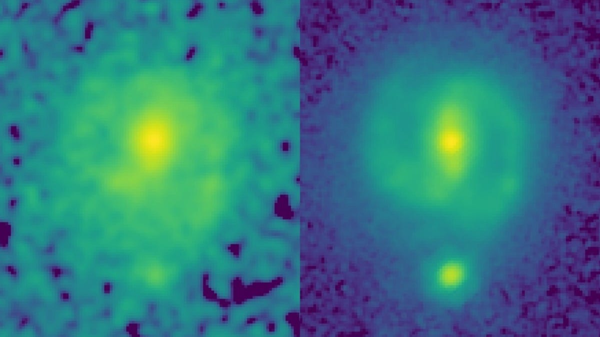 Hubble and Webb telescope views of a barred spiral galaxy appearing greenish and yellowish