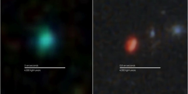 A green pea galaxy imaged by the Sloan Digital Sky Survey is shown alongside an infrared picture of an early pea captured by NASA’s James Webb Space Telescope. At left is J122051+491255, a green pea about 170 million light-years away that’s about 4,000 light-years across, a typical size. At right is an early pea known as 04590, whose light has taken 13.1 billion years to reach us.