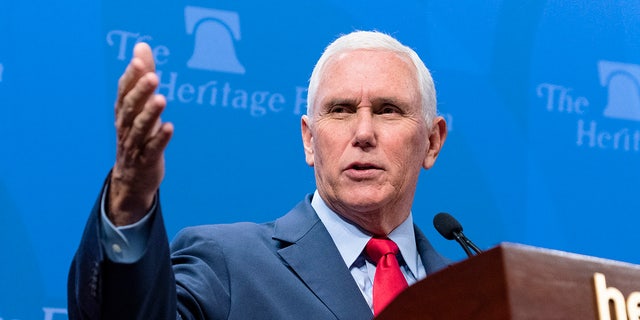 Former Vice President Mike Pence delivers a speech at The Heritage Foundation titled The Freedom Agenda and America's Future, in Washington, D.C., on Wednesday, October 19, 2022. (Tom Williams/CQ-Roll Call, Inc via Getty Images)