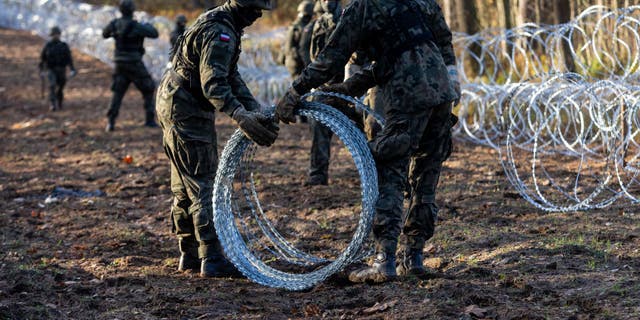 Soldiers of the Polish army installing concertina wire at Poland's border with Russian exclave Kaliningrad on Nov. 14, 2022, in Goldap, Poland. 