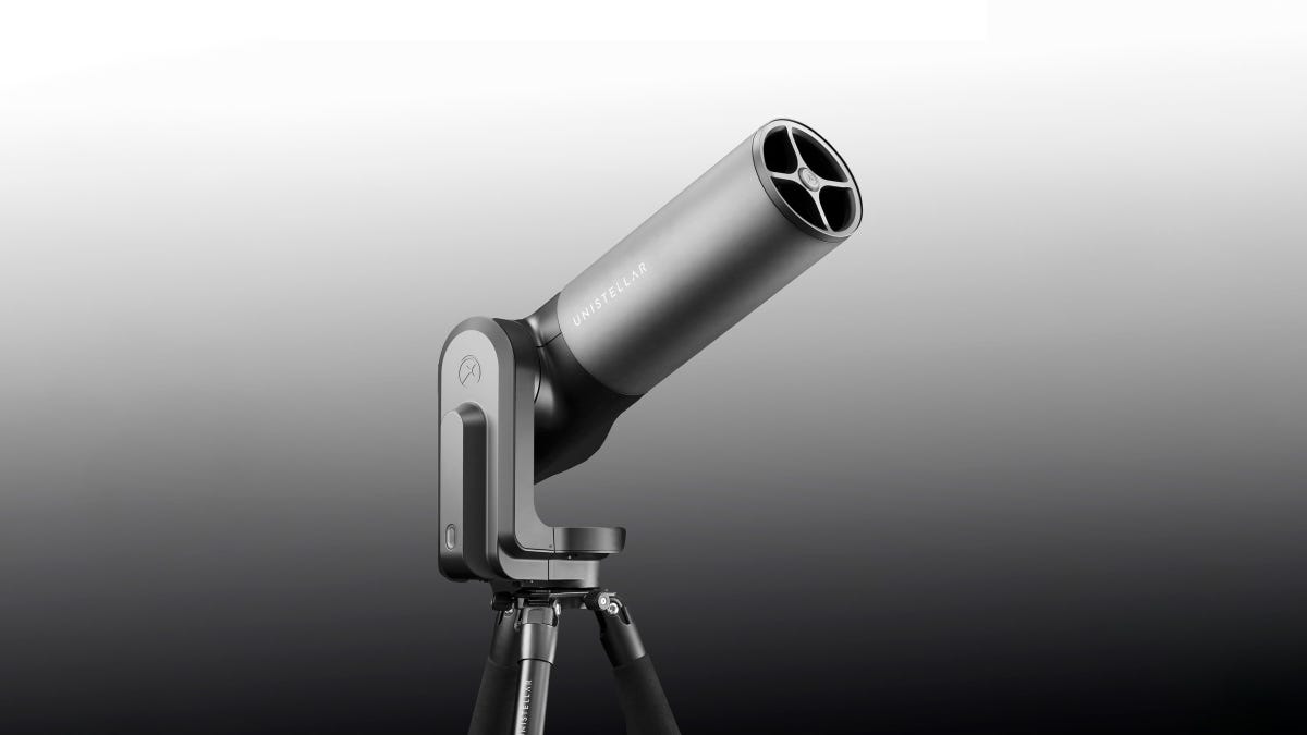 A Unistellar Equinox 2 digital telescope stands on its tripod