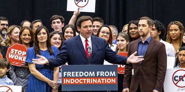 Florida Governor Ron DeSantis addresses the crowd before publicly signing HB 7, "individual freedom," also dubbed the "stop woke" bill during a press conference at Mater Academy Charter Middle/High School in Hialeah Gardens, Florida, on Friday, April 22, 2022. 