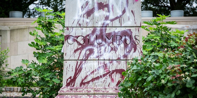 The pedestal where a statue of Christopher Columbus stood is pictured on June 11, 2020 in Richmond, Virginia. 