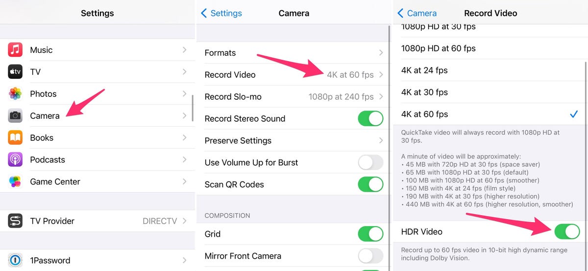 iPhone 12 settings with arrows pointing to what to select to get HDR video