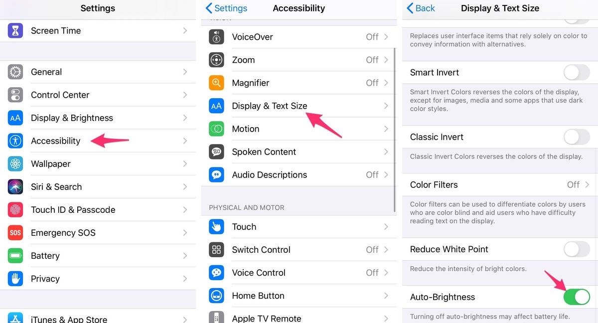Accessibility settings with arrows showing where to enable Auto Brightness
