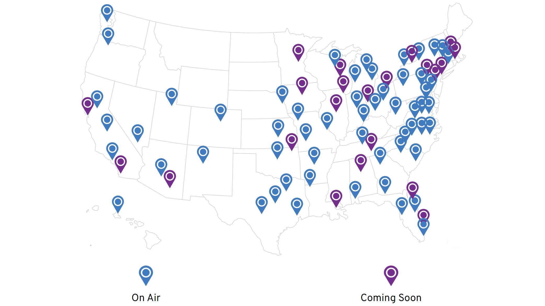 An outline map of which cities are currently broadcasting, or will shortly be broadcasting, NextGen TV.