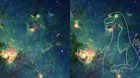 Two images side by side of the same green-blue nebula with stars poking out. One image has a line drawing of Godzilla traced onto the shapes of the nebula.