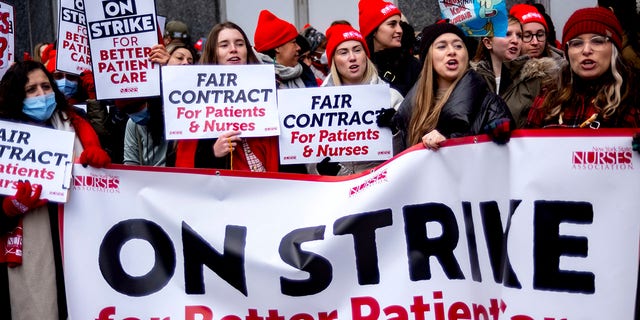Nurses stage a strike in front of Mt. Sinai Hospital in the Manhattan borough of New York Monday, Jan. 9, 2023, after negotiations broke down hours earlier. 