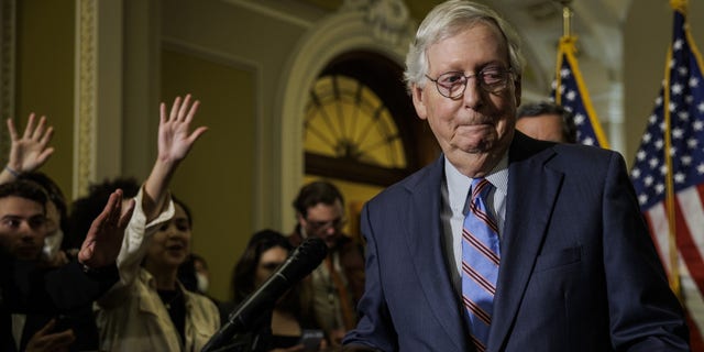 Senate Minority Leader Mitch McConnell, a Republican from Kentucky, leaves a news conference following the weekly Republican caucus luncheon at the US Capitol in Washington, DC, US, on Wednesday, Sept. 28, 2022.