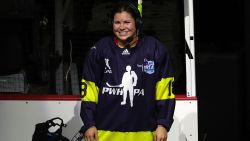 CHICAGO, ILLINOIS - MARCH 06: Abby Roque #18 of Team Adidas speaks with the media during the Dream Gap Tour against Team Women's Sports Foundation at United Center on March 06, 2021 in Chicago, Illinois. (Photo by Stacy Revere/Getty Images)