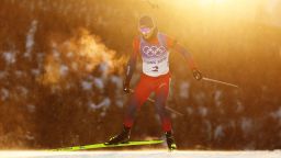 ZHANGJIAKOU, CHINA - FEBRUARY 18: Johannes Thingnes Boe of Team Norway skis during Men's Biathlon 15km Mass Start on day 14 of 2022 Beijing Winter Olympics at National Biathlon Centre on February 18, 2022 in Zhangjiakou, China. (Photo by Lars Baron/Getty Images)