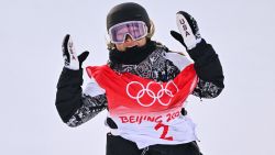 USA's Chloe Kim reacts after her run in the snowboard women's halfpipe final run during the Beijing 2022 Winter Olympic Games at the Genting Snow Park H & S Stadium in Zhangjiakou on February 10, 2022. (Photo by Ben STANSALL / AFP) (Photo by BEN STANSALL/AFP via Getty Images)